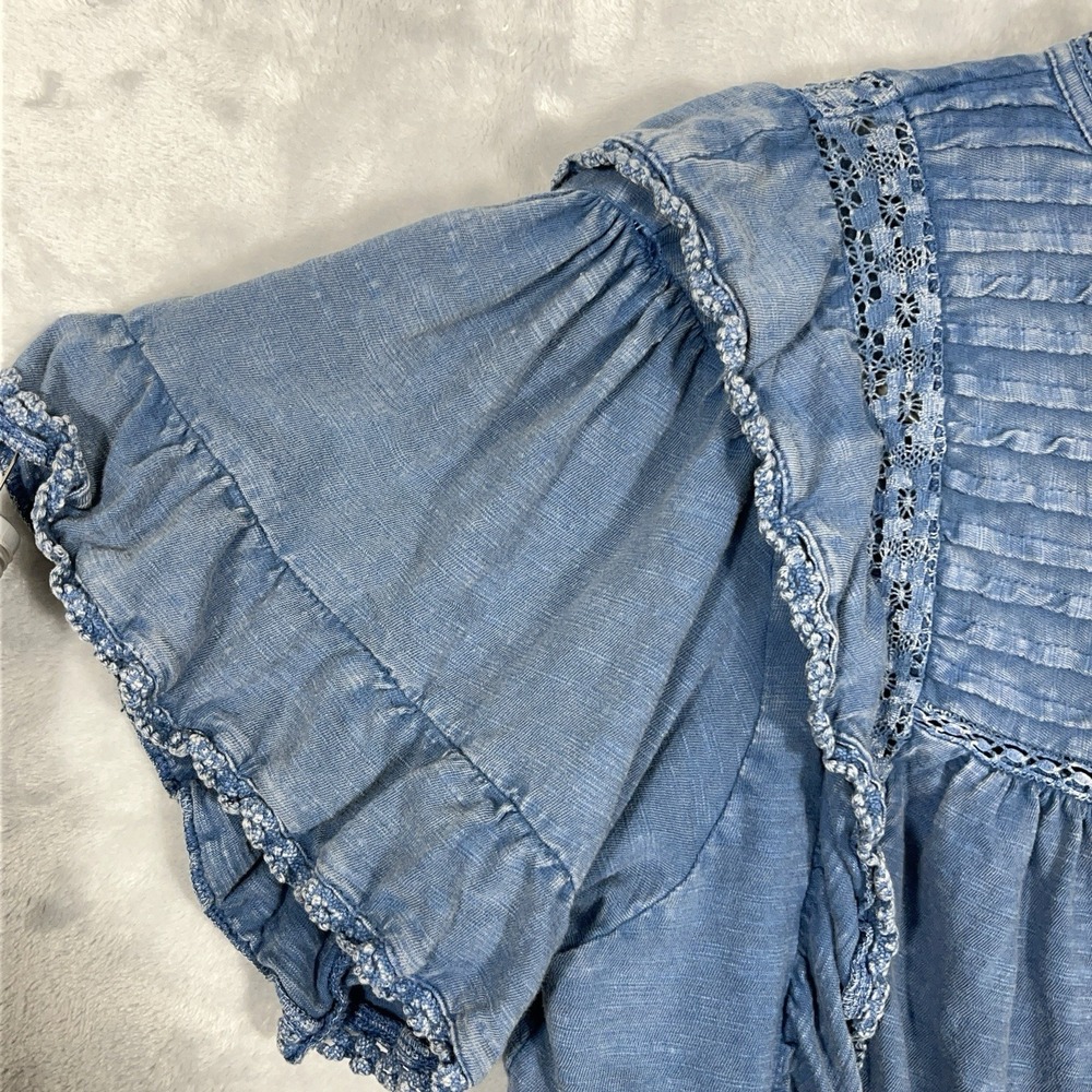 Free People Blue Denim Chambray Ruffled Le Femme Blouse Boho Babydoll Peasant S - Picture 3 of 11